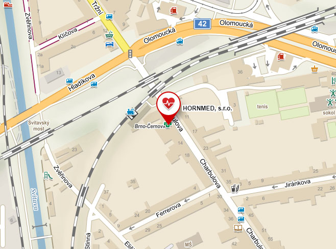 Mapa polohy ordinace Brno, Charbulova 8. Při cestě z centra města (z ulice Hladíkova, Tržní či Olomoucké) po projítí pod železničním viaduktem druhá budova po pravé straně. Při cestě z kruhového objezu od psychiatrické nemocnice předposlední budova vlevo před železničním viaduktem.